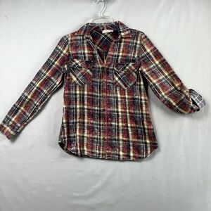 Altar'd State Blouse Womens Large Plaid Rolled Sleeve Button Up V-neck Cowgirl